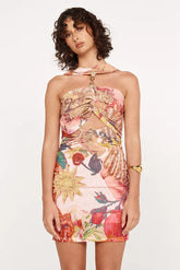 Halter Neck Mesh Printed Stretch Dress